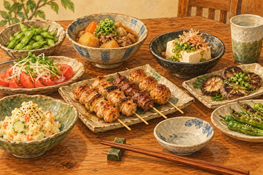 串焼きや野菜、小鉢料理が並ぶ食卓