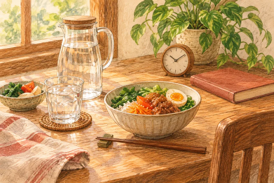 水と食事、本や時計、植物のある穏やかな日常の食卓