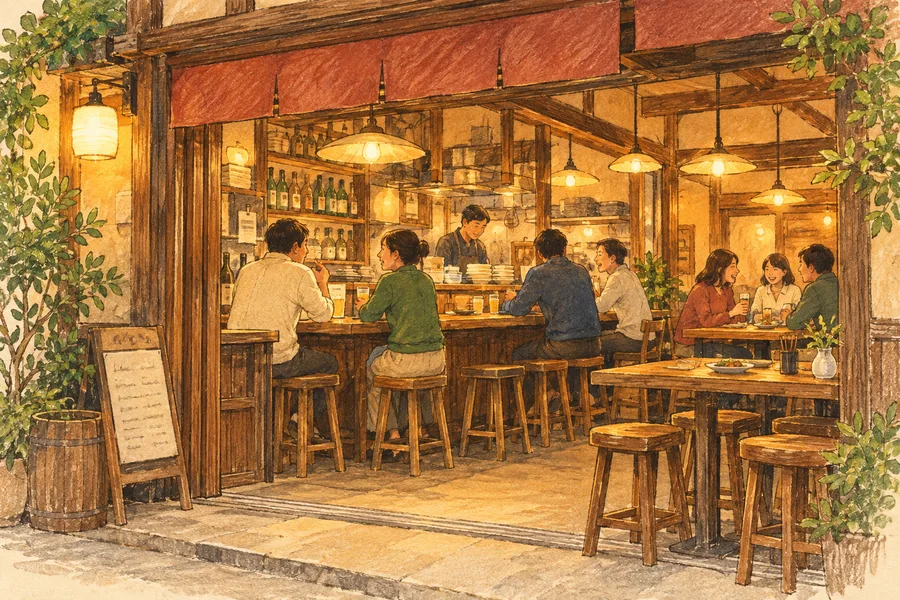 木のカウンターとテーブルを囲む、親しみやすい街の酒場